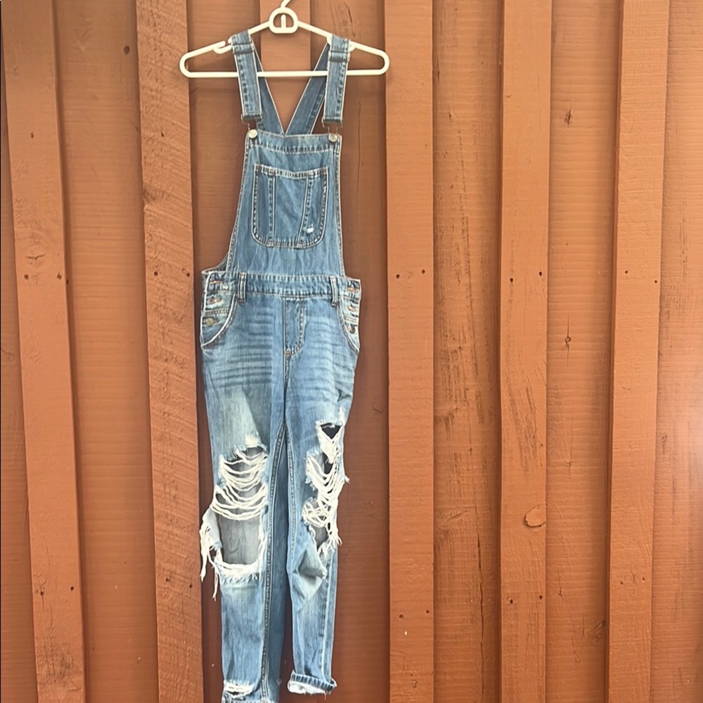 Distressed Denim Overalls XS